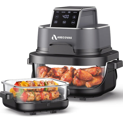 Fritadeira de ar portátil de vidro 4 em 1 com calor preciso de 60-200°C Tecnologia Max Crisp Recipientes duplos de 4,2QT e 1,6QT com tampas Congelador Lavável na Máquina de Lavar Louça