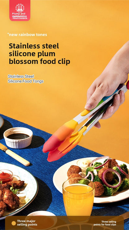 Heat-resistant silicone food tongs kitchen tool stainless steel food tongs anti-scald steak tongs barbecue tongs bread tongs