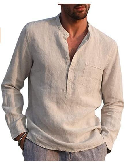2025 Summer Hot Selling Men's Linen V-neck Long Sleeved Shirt Breathable Casual Beachwear, Business Casual Men's Clothing