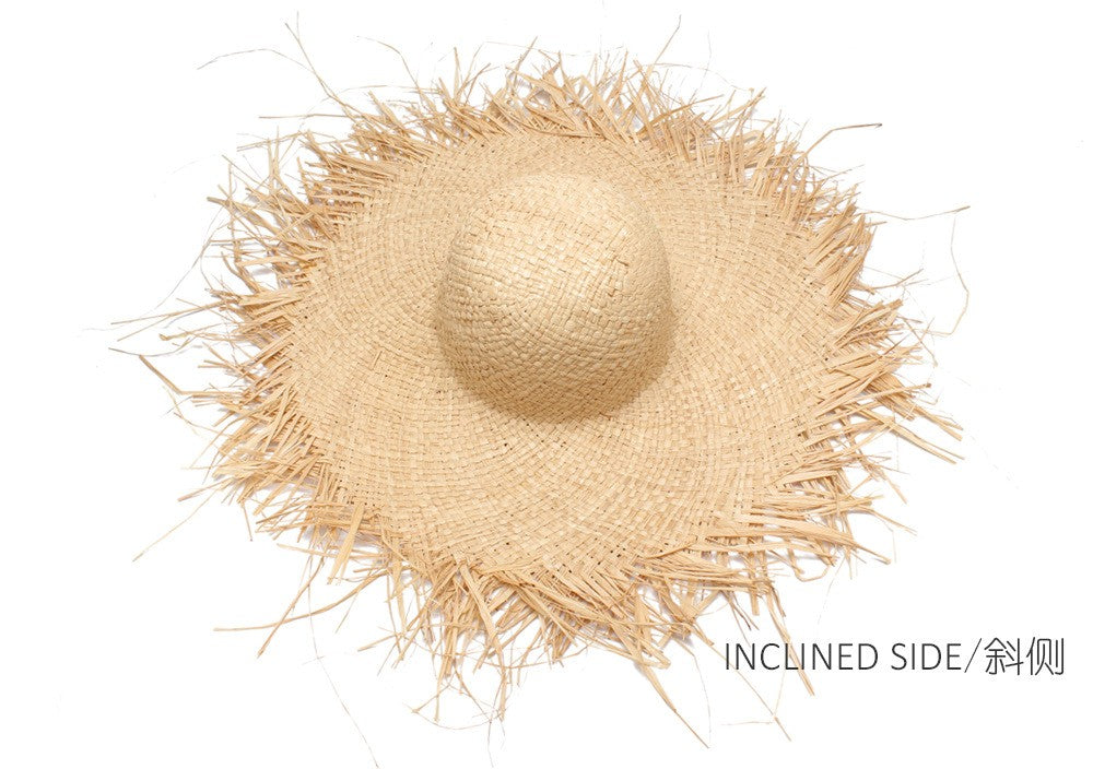WZCX Feito à Mão Borla Feminina Chapéus de Sol de Palha Aba Larga Grande Chapéu de Palha Natural de Ráfia Panamá Praia Chapéus de Sol Para Feriado