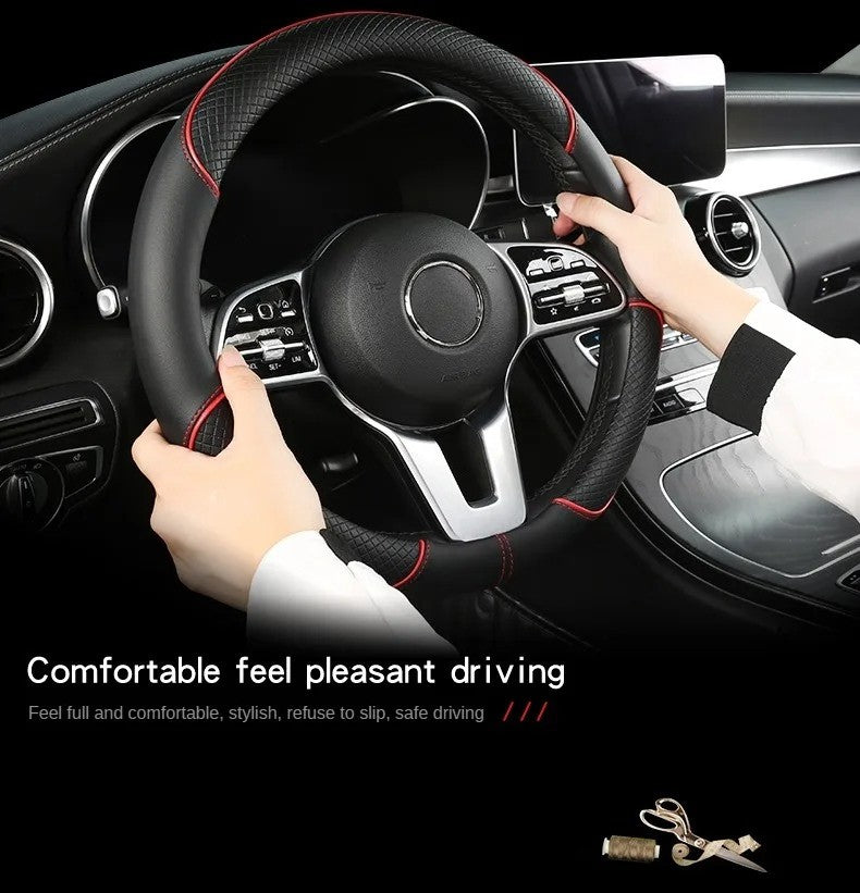 Capa de Volante de Couro All Seasons Diamond Ajuste Universal para 14,5-15 polegadas Capa de Couro Durável Design com Veias Antiderrapantes