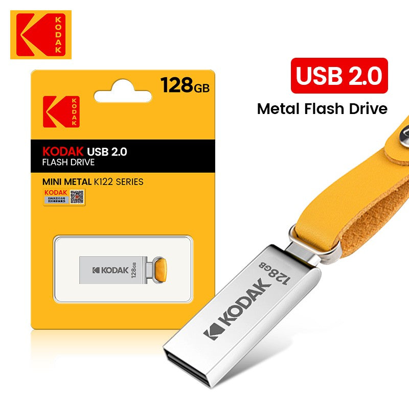 Pen Drive USB KODAK K122 de Metal 2.0 de Alta Velocidade 32GB/64GB/128GB Mini U-Disk Memory Stick com Alça para PC e Carros