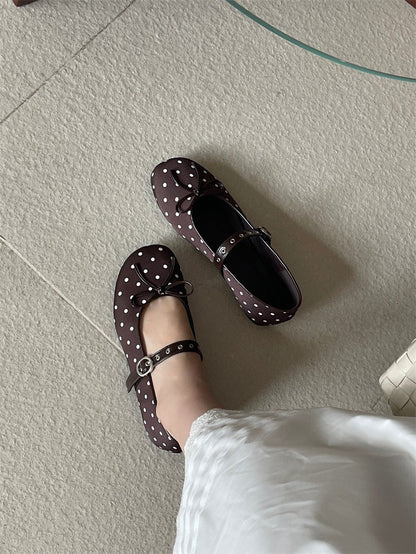 Designer Polka Dot Ballet Flats for Women Sweet Bow Decoration Elegant Mary Jane Shoes Fashion Buckle Shallow Comfort Dress Shoe