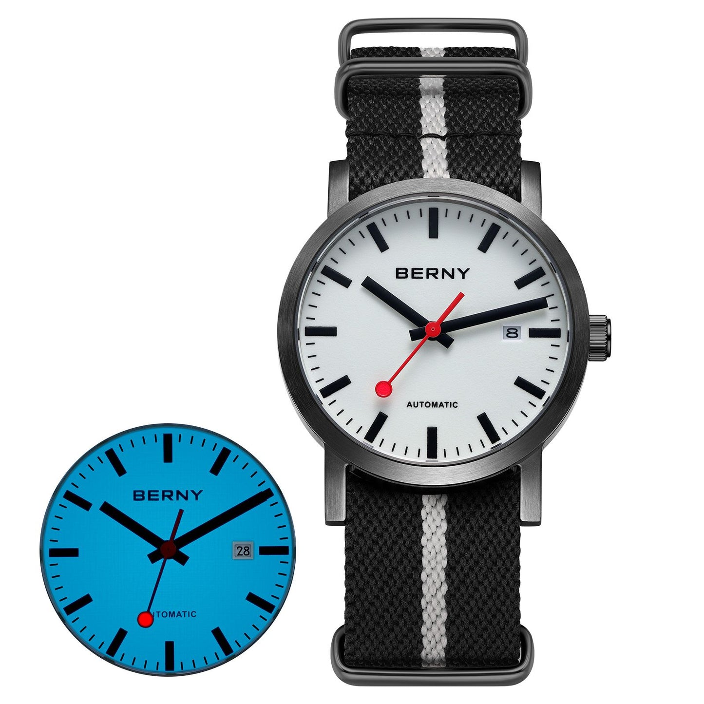 BERNY Automatic Watch Men 40mm Luminous Railway Time Dial MIYOTA 8215 Nylon Strap Sapphire 50M Waterproof Men's Mechanical Watch