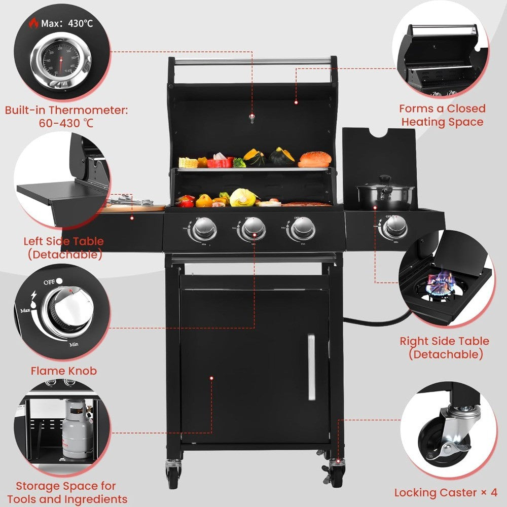3-Burner w/Side Burner Gas Grill with 241 SQ.IN. Outdoor Grill with 36,000 BTU, Propane Grills with Top Cover Lid