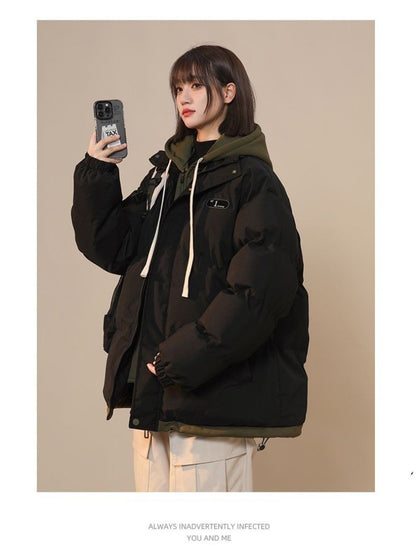 Korean Version New Fashion Letter Patch Fake Two Piece Cotton-padded Jacket Y2K Harajuku Vintage Thick Bread Loose Student Coats