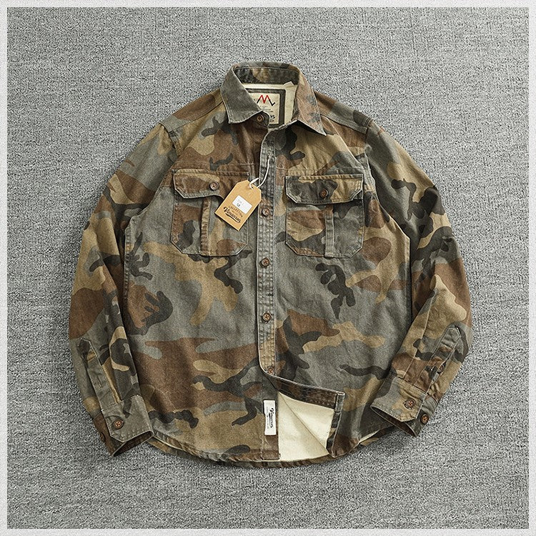 2024 Autumn and Winter New American Retro Woven Camouflage Cargo Shirt Men's 100% Cotton Washed Old Double Pockets Thin Jacket