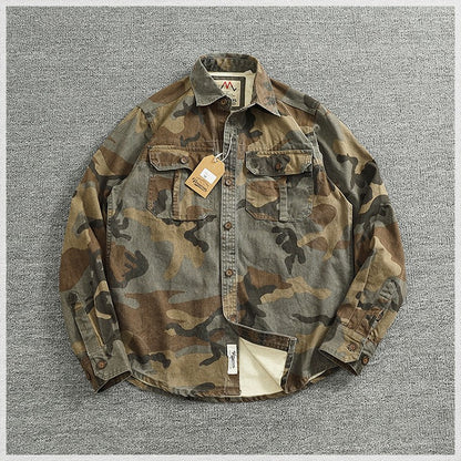 2024 Autumn and Winter New American Retro Woven Camouflage Cargo Shirt Men's 100% Cotton Washed Old Double Pockets Thin Jacket
