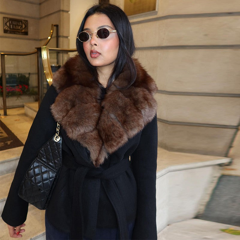 Fashion Fur Patchwork Short Warm Coat Women Lapel Lace Up Long Sleeve Coats Female 2025 Autumn Winter Lady Outwears New