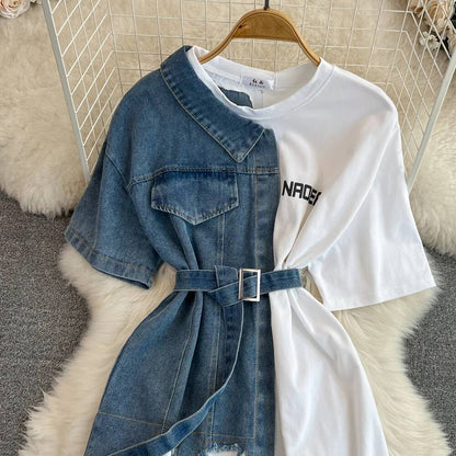 XFPV Women's Sweet high Waist Wrap Belt Round Neck patchwork Denim Shirt  Chic Top Y2k Korean Fashion Spring Summer 2025 SM11327
