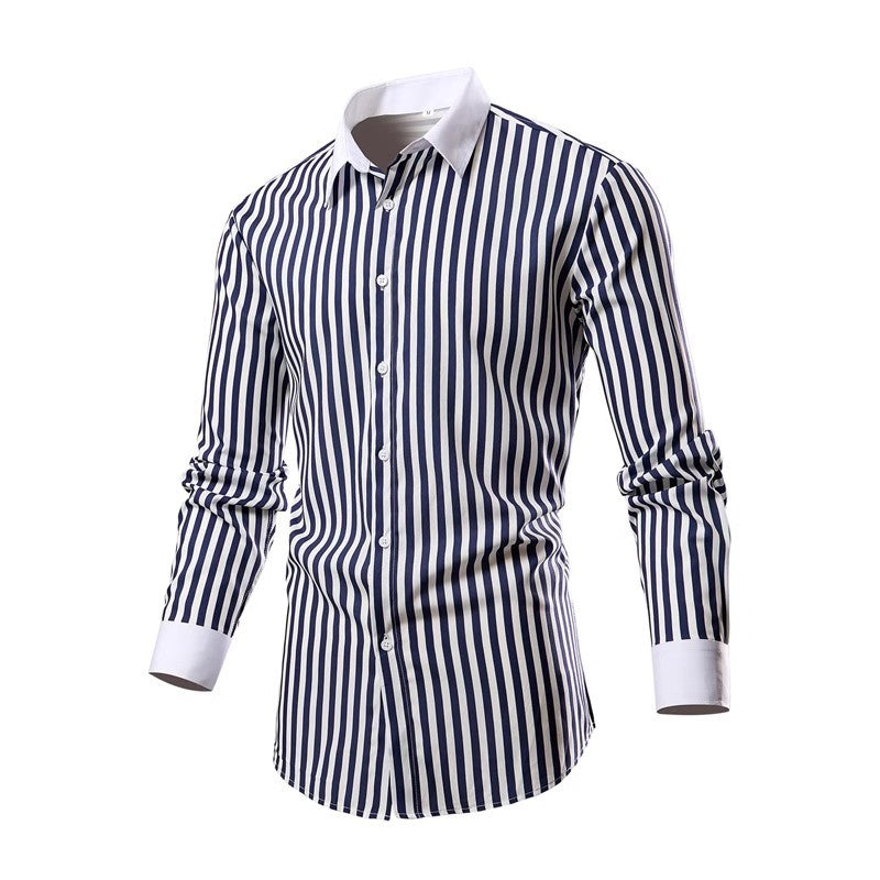 Men's White Vertical Stripe Long Sleeve Shirts, Single Breasted Lapel Shirt, Blue Gray Red Khaki Available, European Size S-XXL