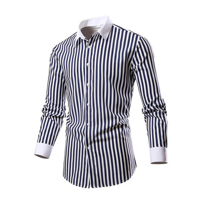 Men's White Vertical Stripe Long Sleeve Shirts, Single Breasted Lapel Shirt, Blue Gray Red Khaki Available, European Size S-XXL