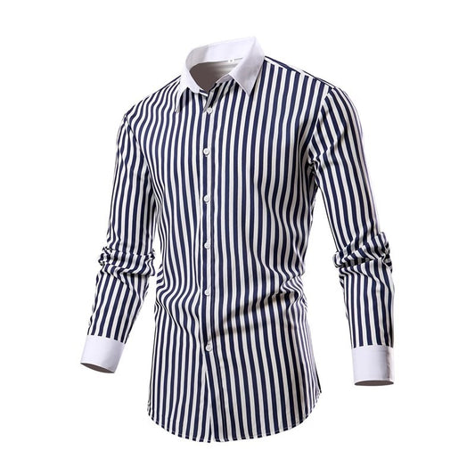 Men's White Vertical Stripe Long Sleeve Shirts, Single Breasted Lapel Shirt, Blue Gray Red Khaki Available, European Size S-XXL