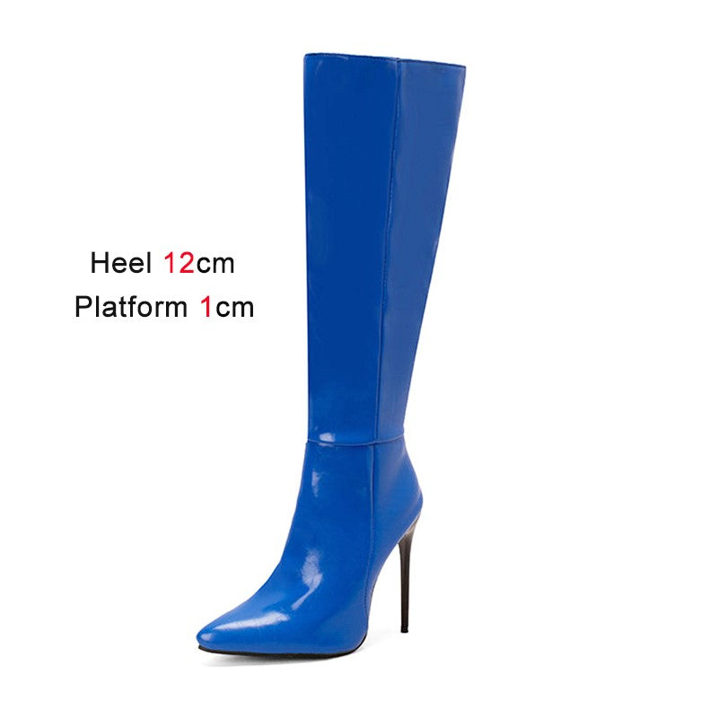 2023 Winter New Fashion Long Boots Comfortable Plush Women Warm High Heels 12CM Side Zipper Pointed Models Shoes Mujer Plus Size