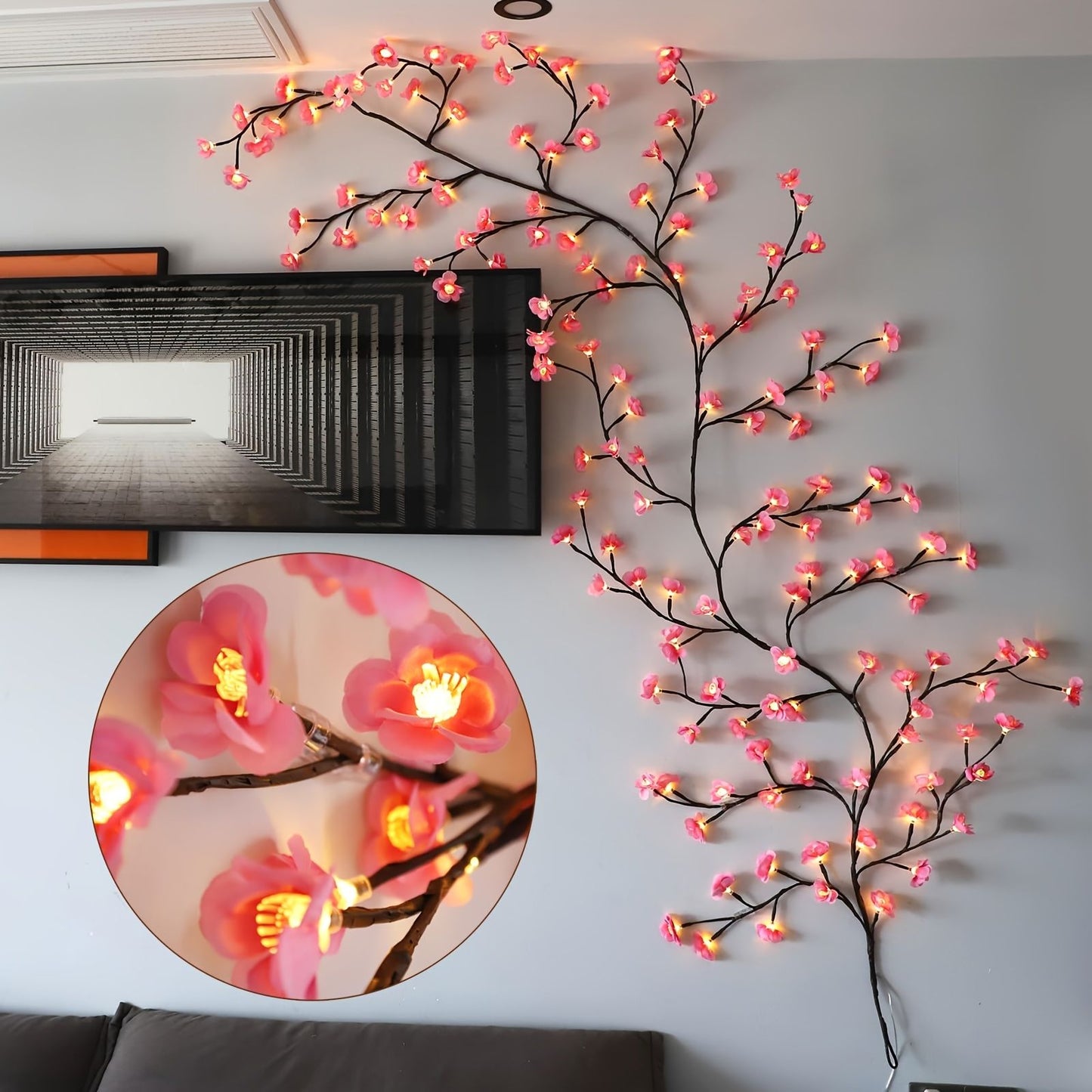 Cherry LED Tree Branch Lights 8 Modes USB Powered Cherry Blossom Branch Decoration Night Lights for Indoor Home Walls and Doors