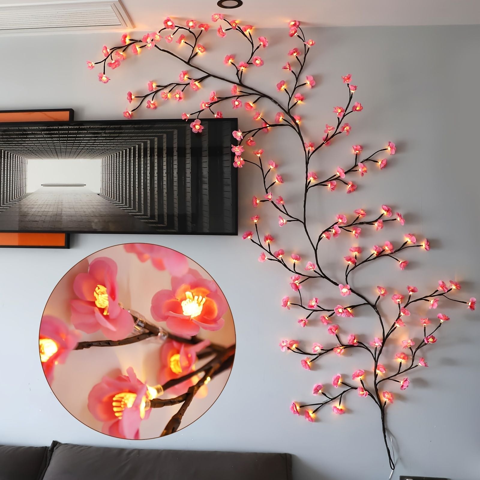Cherry LED Tree Branch Lights 8 Modes USB Powered Cherry Blossom Branch Decoration Night Lights for Indoor Home Walls and Doors
