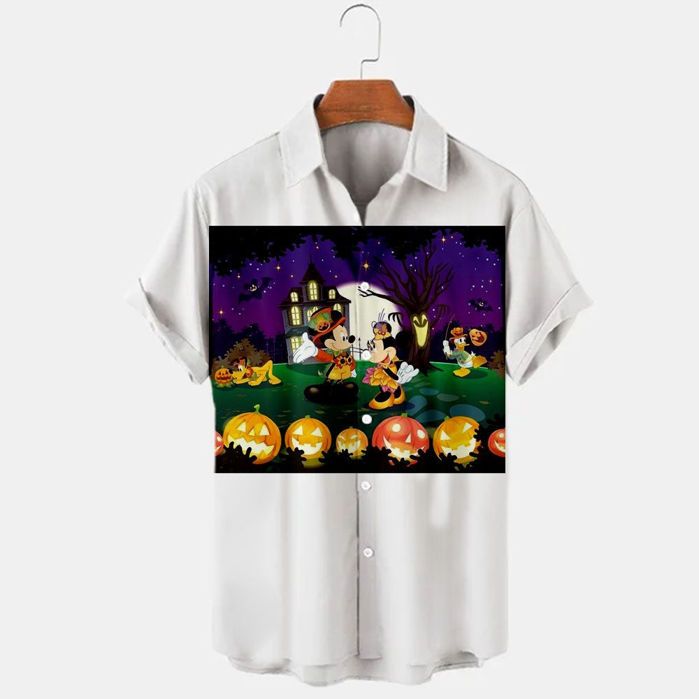 2024 New Halloween Collection Disney Branded Stitch And Mickey Anime 3D Printed Men's Lapel Short Sleeve Slim Fit Hawaiian Shirt