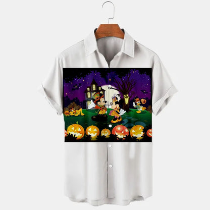 2024 New Halloween Collection Disney Branded Stitch And Mickey Anime 3D Printed Men's Lapel Short Sleeve Slim Fit Hawaiian Shirt