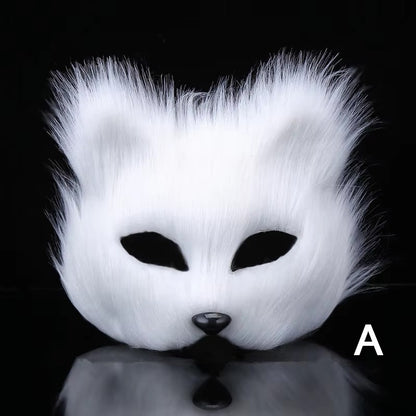 QQ Fluffy Fur and Face Mask Cosplay Halloween Fox Shape Half Face Eye Mask Sexy Cat Hair Animal Mask Christmas Carnival Party Co