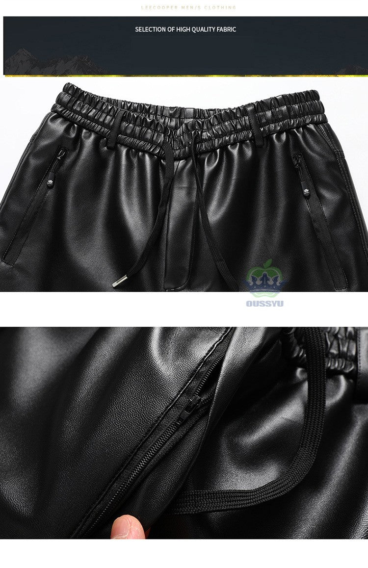 OUSSYU Brand High Quality Winter Outdoors Fleece Warm Pants Men Zippered Pocket Business Straight Flocking PU Trousers Plus Size