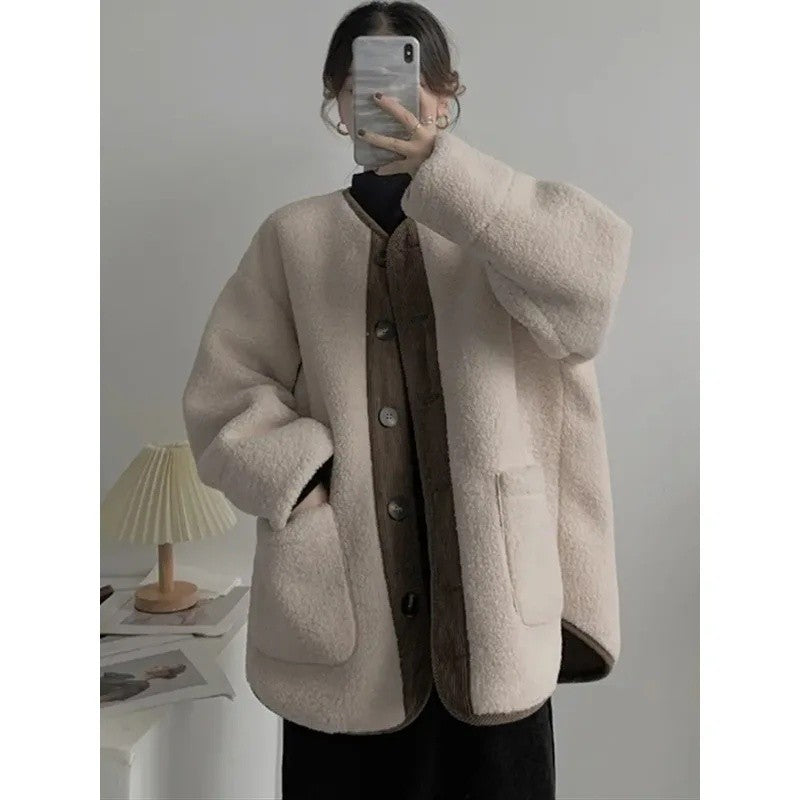 2024 Winter New Women's Lamb Wool Jacket Petite Loose-Fit Thickened Integrated Deer Skin Fleece Medium-Length Korean Style