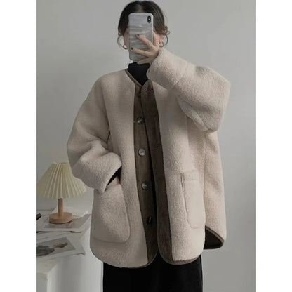 2024 Winter New Women's Lamb Wool Jacket Petite Loose-Fit Thickened Integrated Deer Skin Fleece Medium-Length Korean Style