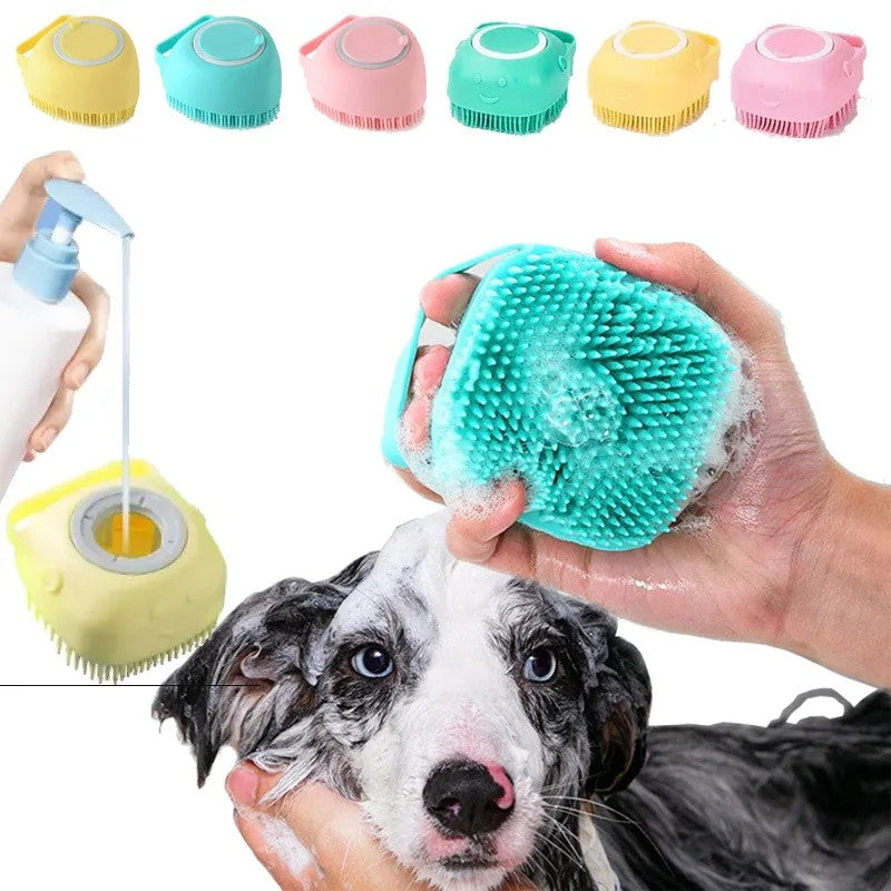 Escova de Banho para Animais de Estimação em Borracha Macia de Silicone com Reservatório de Shampoo Integrado Desembaraçadora e Autolimpante para Cães e Gatos Escova de Banho