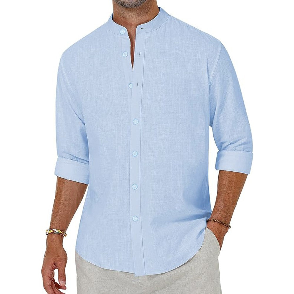 Men's Cotton Linen Shirts Long Sleeve Button Down Shirt Henley Collar Beach Shirts Hawaiian Vacation Casual Tops Men