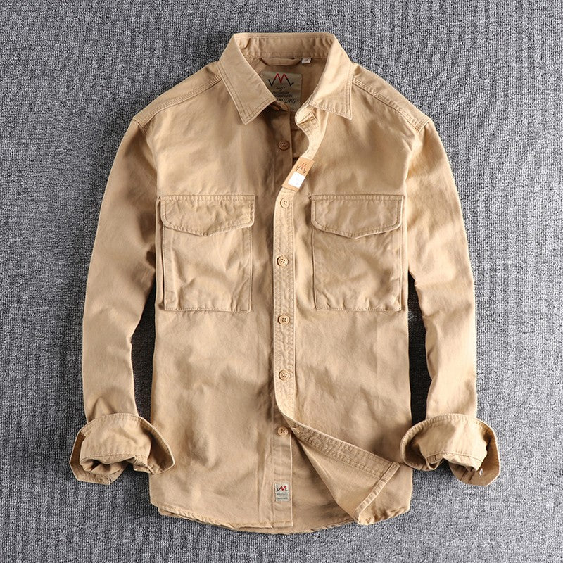 Spring New Japanese Retro Long-Sleeve Lapel Woven Cargo Shirt Men's Simple 100% Cotton Washed Double Pocket Casual Youth Blouses