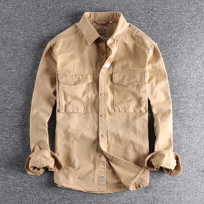 Spring New Japanese Retro Long-Sleeve Lapel Woven Cargo Shirt Men's Simple 100% Cotton Washed Double Pocket Casual Youth Blouses