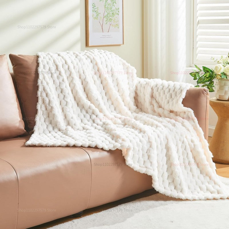 Manta de Tricô Branca Creme Felpuda Decorativa 3D Jacquard Flanela Fleece Super Macia de Pelúcia Aconchegante para Sofá Cadeira