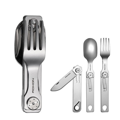 Conjunto de Talheres para Camping 3 EM 1 ROXON Faca Garfo Colher Aço Inoxidável Portátil e Destacável