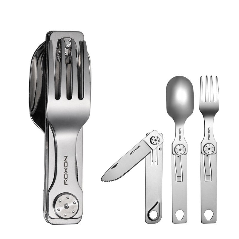 Conjunto de Talheres para Camping 3 EM 1 ROXON Faca Garfo Colher Aço Inoxidável Portátil e Destacável