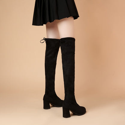 Spring New Fashion Slim Thick High Heels Flock Women Over-the-Knee Long Modern Stretch Boots Winter Long Boots D252