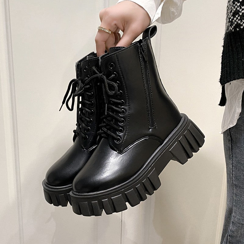 2024 New Autumn and Winter Comfortable Mid-calf Women's Shoes Thick-soled Lace-up Side Zipper Women's Boots Large Size
