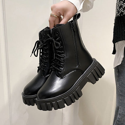 2024 New Autumn and Winter Comfortable Mid-calf Women's Shoes Thick-soled Lace-up Side Zipper Women's Boots Large Size