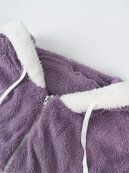 Plus Size Autumn/Winter New Arrivals Women's Autumn/Winter Drop-Shoulder Long-Sleeved Colour-Block Patchwork Fleece Hooded Jacke