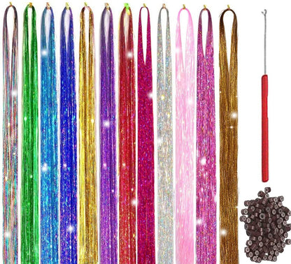 Hair Tinsel Kit With Tool 4200 strands Fairy Tinsel Hair Extensions 12 Color Sparkling Shiny Heat Resistant Highlights Glitter