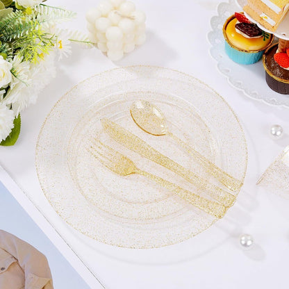700 Pcs Gold Glitter Plastic Dinnerware Sets Disposable Plates for Party Include: 100 Dinner Plate 100 Dessert Plate 100 Paper
