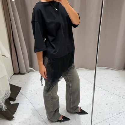 Fashion Lace Patchwork Mid Sleeve Tops for Women Elegant O Neck Loose Female T-shirt Spring New Lady Solid Shirts High Street