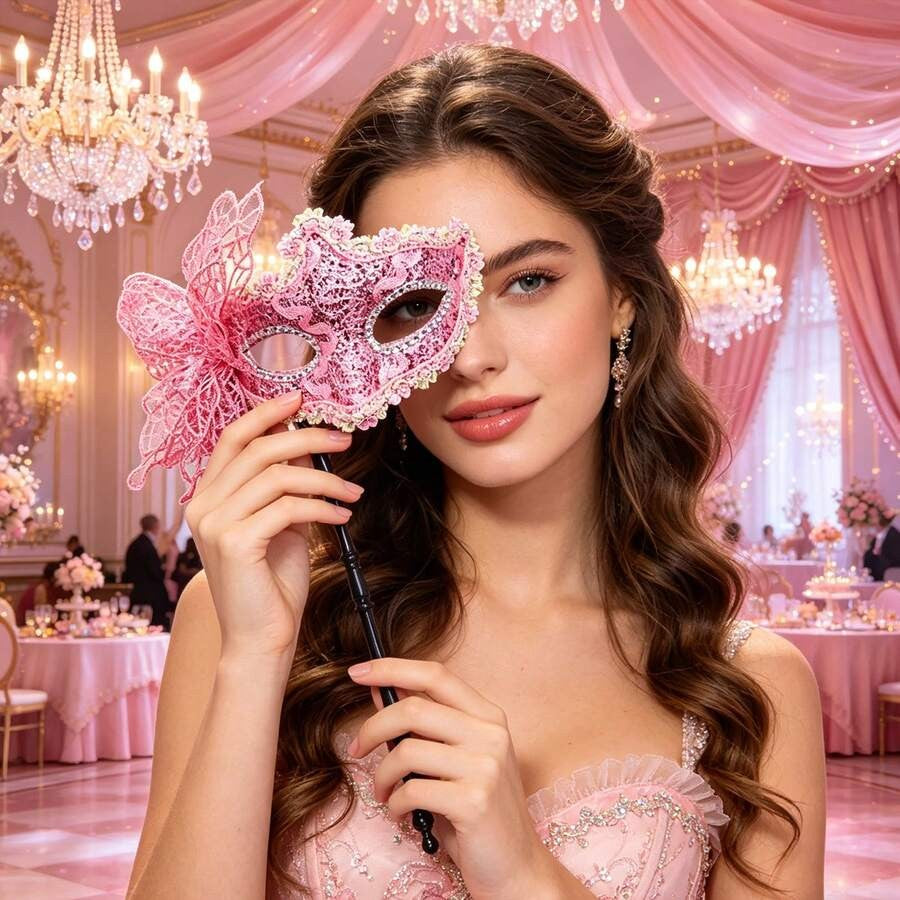 Womens Pink Lace Masquerade Mask With Handle For Party Halloween Valentine Celebration