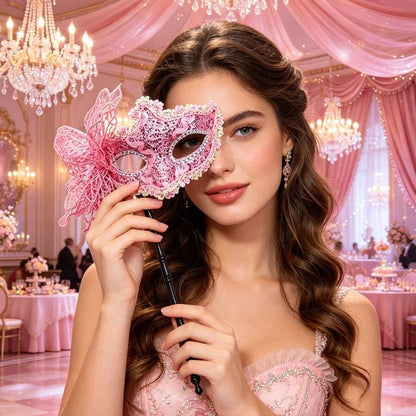 Womens Pink Lace Masquerade Mask With Handle For Party Halloween Valentine Celebration
