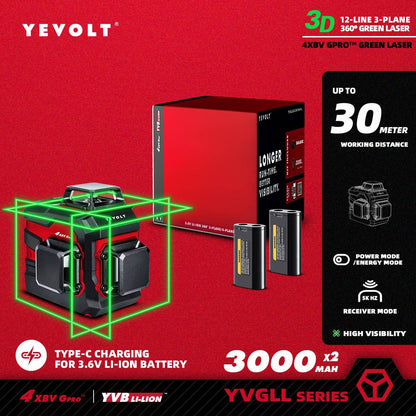 Nível a Laser Verde YEVOLT YVGLL4XS-Series 3/4 Planos 12/16 Linhas Autonivelante 360 3D/4D Horizontal e Vertical Ferramenta de Medição de Energia