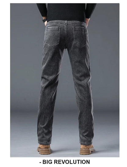 Calça Jeans Masculina de Inverno Slim Reta Elástica Jeans Casual Masculino Roupa Moda Calça Pelúcia Nova Moda Jeans Quente