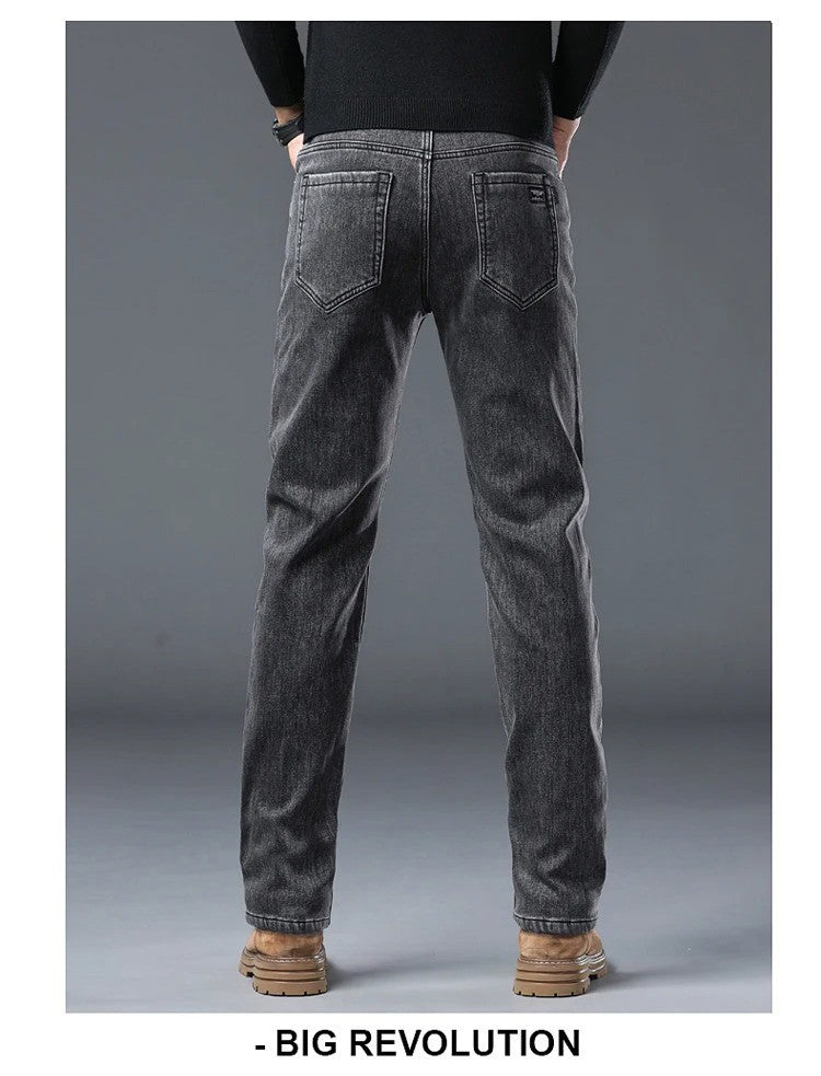 Calça Jeans Masculina de Inverno Slim Reta Elástica Jeans Casual Masculino Roupa Moda Calça Pelúcia Nova Moda Jeans Quente