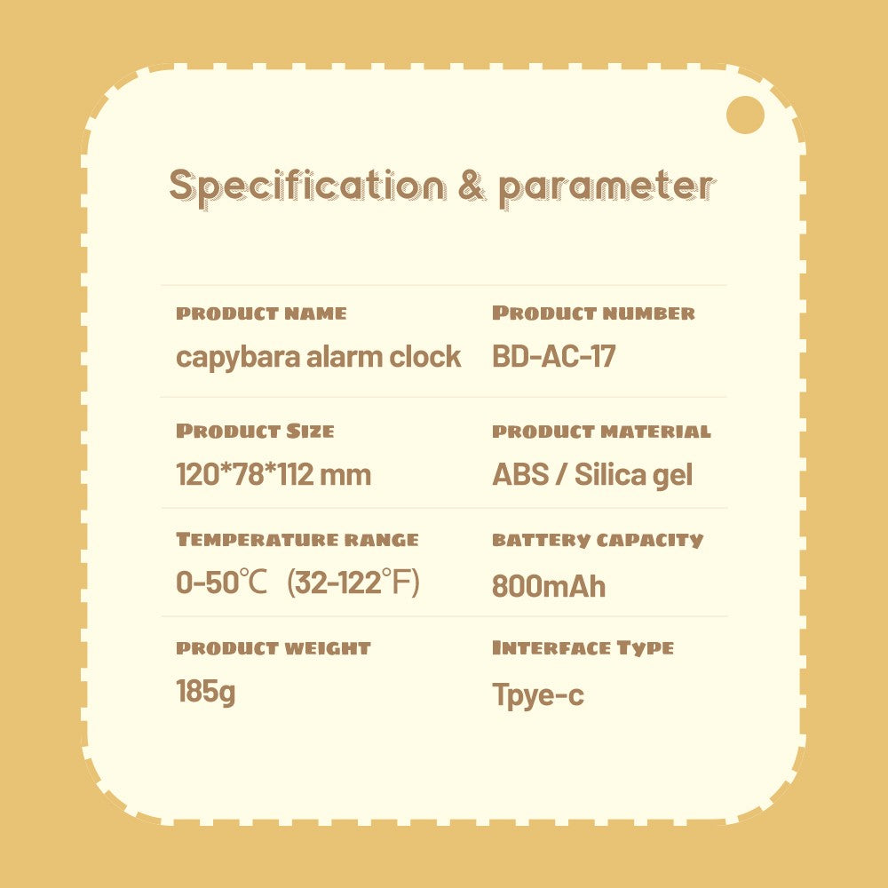 Bedside LED Clock Kids Alarm Clock Children's Sleep Trainier Temperature Display With Rechargeable Control Digital Cute Capybara