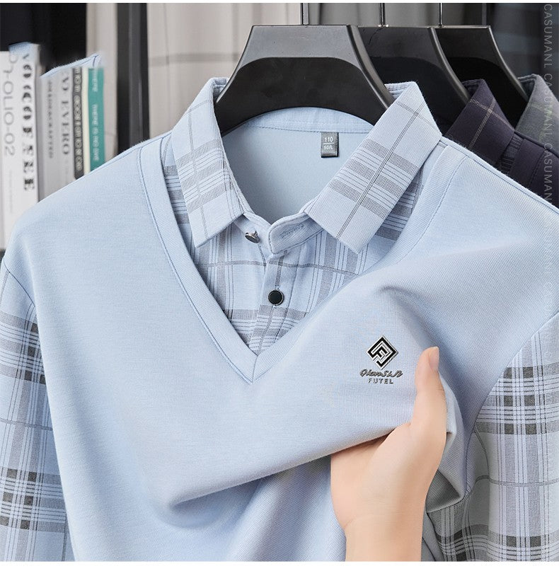 TFETTERS Business Men Polo Shirt 2025 Fashion Casual Slim Long Sleeve T Shirt Men Pullover Printed Plaid Shirts for Man Clothing