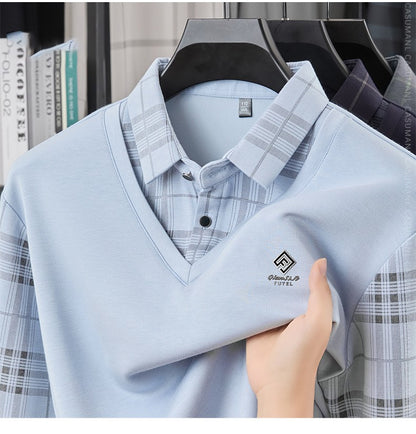 TFETTERS Business Men Polo Shirt 2025 Fashion Casual Slim Long Sleeve T Shirt Men Pullover Printed Plaid Shirts for Man Clothing