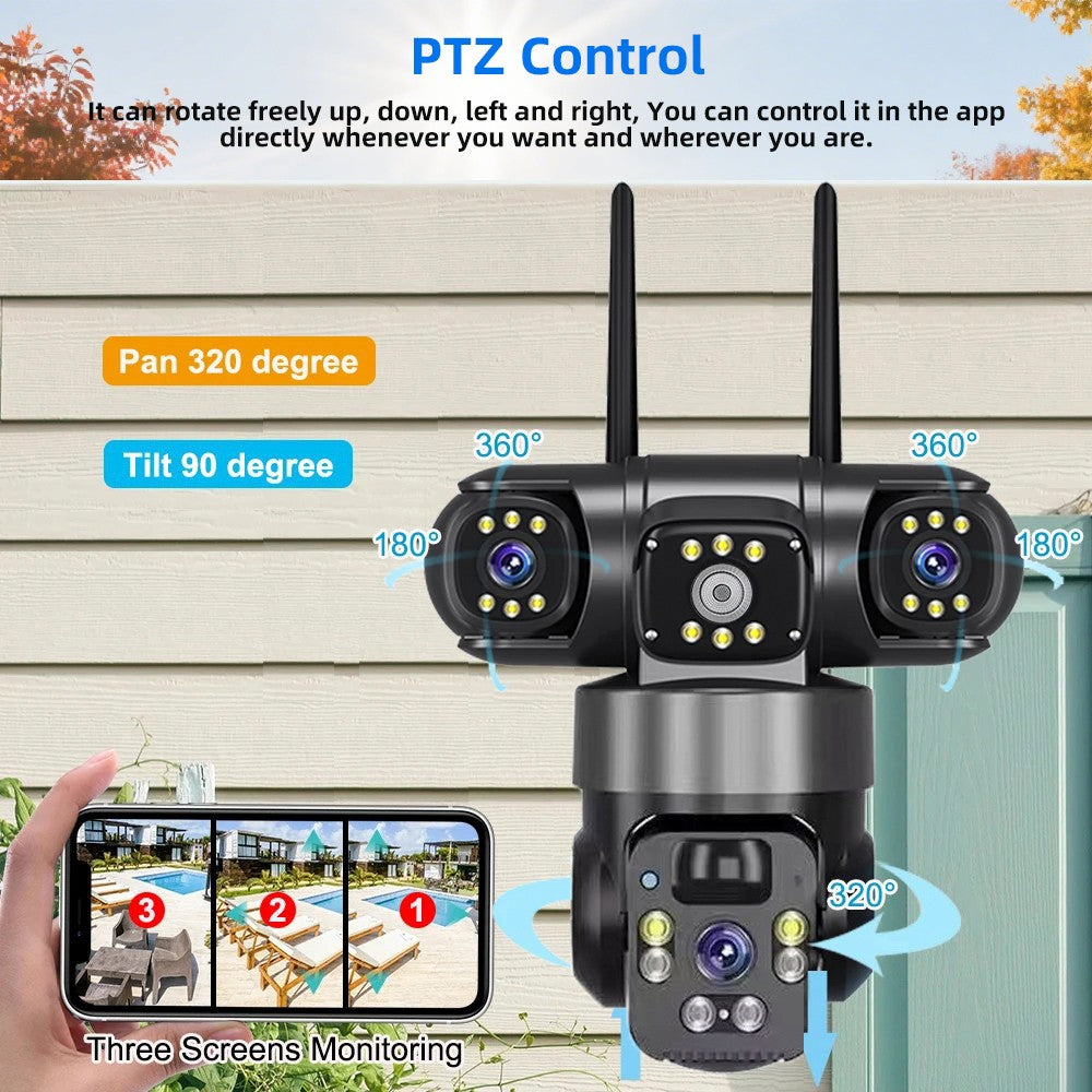 Câmera Solar WiFi Full HD 9MP 3 Telas 3 Lentes Zoom 10X Câmera com Detecção Humana PIR Vigilância Visão Noturna Proteção de Segurança