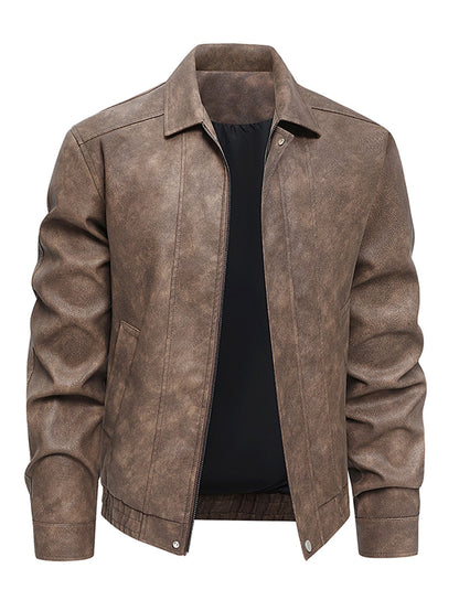 Plus Size Men's Casual Loose Fit Turndown Collar Motorcycle PU Leather Jacket, Suitable For Autumn, Zipper Front